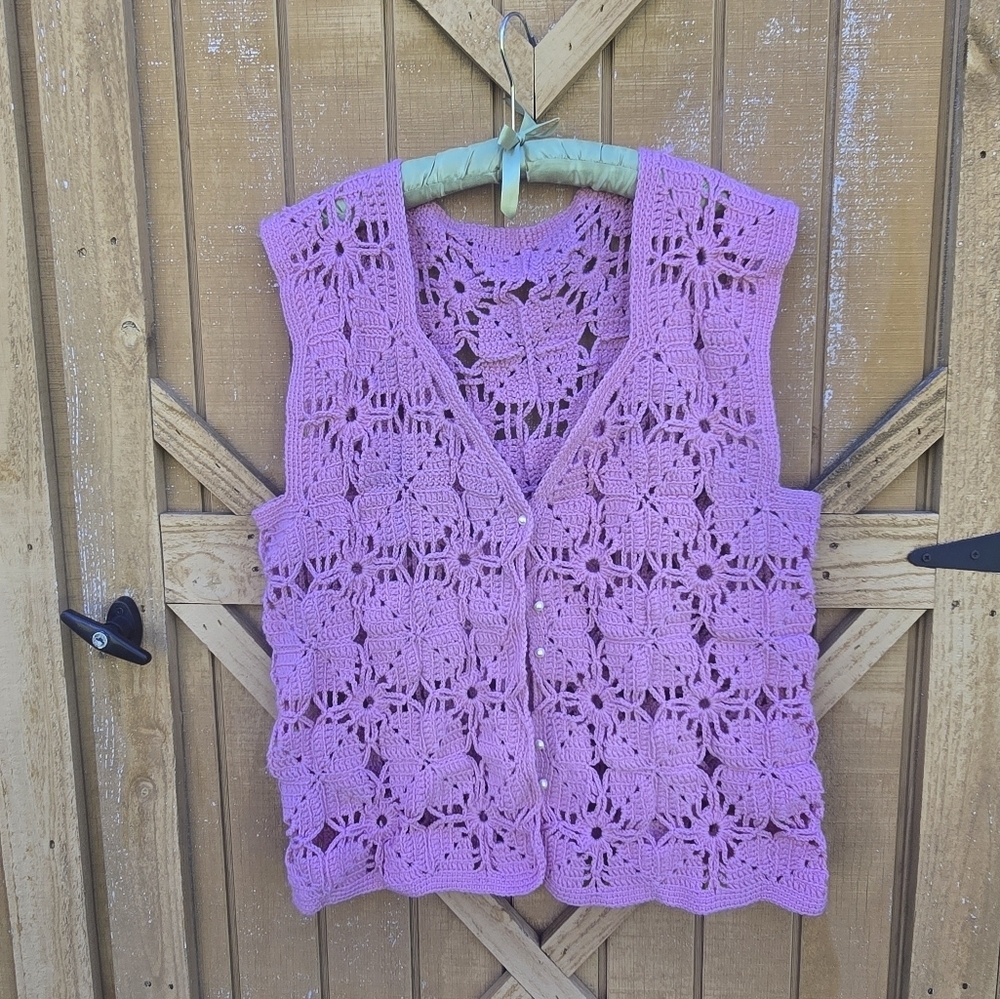 Handmade Crochet Floral Pink Vest 1X